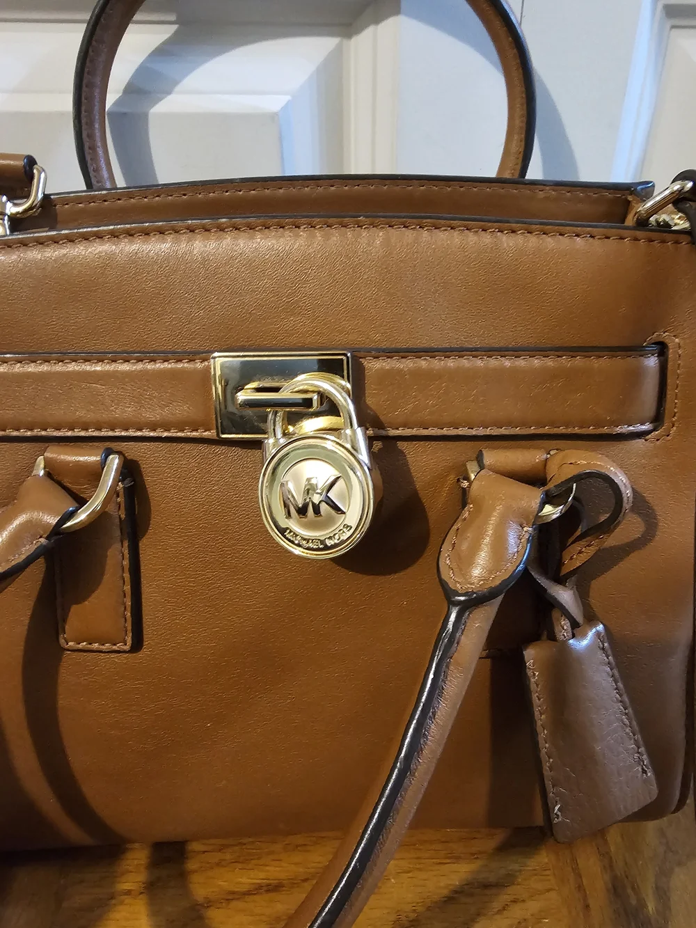 Michael Kors Cognac Leather Satchel with Gold-Tone Lock